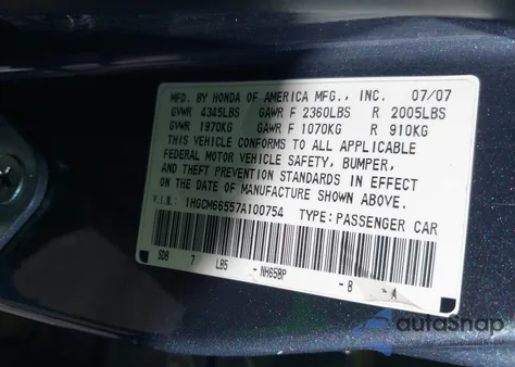 2007 Honda Accord 3.0 Ex из США, поврежденный, VIN 1HGCM66557A100754